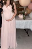 I sized up to use for my baby shower I was 8 months pregnant weighing 175 5'7. My stomach was very small (I had a tiny tiny baby.) This dress fit perfectly, a little big still but my stomach was small. - Stephanie G.