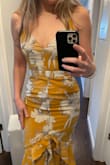 I bought this dress in black a couple of years ago, wore it to a few weddings, and LOVED it so when I saw it came in yellow I ordered immediately. However, trying it on revealed there are differences between the dresses or maybe it's not as noticeable in the black. I ordered the same size I did in the black, but it has so much extra fabric. It's not even that it's too big, it's just too much fabric in the wrong places. It fits perfectly in all other regards but the extra fabric is a deal-breaker for me. (Also, the strap on this dress in black broke after a few wears so that's unfortunate) - Brooke M.