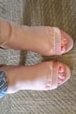 I was so in love with the color and fabric of these shoes and couldn't wait for them to come in for my wedding. Sadly I was very disappointed with the fit and comfort... If you are someone with chunkier toes then these shoes totally aren't for you. I first ordered a size 9 which I normally wear in heels and they were way too big. I then ordered the size 8.5 which fit but still gapped slightly in the back but not enough to not be able to wear. I feel if the strap at the bottom would be just a tad more back or the strap a tad looser then the shoes would have worked for me. The strap barely allowed all of my toes to fit in and it squeezed badly on my pinky toe. I couldn't even wear them more than 5 minutes. I wish I would have been able to wear them like I wanted so badly to do! - Rebecca D.