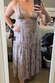 I absolutely love this dress. The cup doesn't fall like it does on the model, it fits well. This dress is so comfortable and flattering. The pattern is so summery and flowy. From the picture, I thought this dress would be a linen material but it's actually more of a chiffon fabric. Either way I absolutely love it. Highly recommend. - Steffanie A.