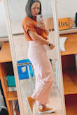 Ok this is my color and I got the top bc I knew it would look cute tucked into some shorts in the summer, or with jeans/ work clothes.
I paired it with some pink wide leg pants and my converse at work and I loved it.
Its so soft on and the arm is cut at a cute and flattering place. - Danielle T.