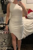 This dress fit super well and actually looked great on my figure, but the angular slit on the side looked super awkward. - Gabby H.