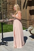 Loved, loved, loved this dress. I wore this to a wedding in Montana and wanted a dress that flowed in the breeze and fit the natural beauty around me. It was absolutely perfect. I was nervous about the pale color with my skin but it was a beautiful peachy pink. True to most dresses on me, while everything else fit the top was a little big. I had the straps tightened at the top and the bottom hemmed and it was perfect! If you can leave time to hem the straps it makes a HUGE difference in support in the chest too! - Victoria C.