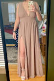 Bought this for my future SIL's bridal party. Will have to figure out a bra situation since the top is cut really low in the front and sides. Fits like a glove, perfect length with heels, no tailoring needed at all. Color is truly a taupe color, no pink/purple undertones. - Alison M.