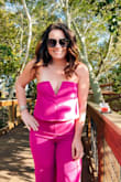 Im always worried about wearing strapless and constantly having to pull up an outfit, this jumpsuit stays in place! Fits perfectly in all the right areas. The v cut chest is so flattering. I was comfortable all night and got so many compliments, don't hesitate on this purchase! Thicker material but not so thick that you are hot. Perfect length for wearing with heels. - Lauren P.