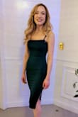 I absolutely love this dress! The material is really nice and thick enough that you don't easily see lines from any undergarments. It fit like a glove and was comfy to dance around in all night at a wedding! Plus the straps didn't cut into my shoulders. Highly recommend! - Natalia A.