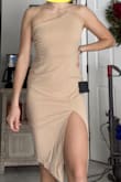 I want to love this dress, its so cute, but it just didn't look well with my skin color or broad shoulders. The slit and asymmetrical neckline are so cute though, wish it worked on me. - Kristen K.