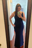 I love the dress and it is quite long, even on me at 5ft9. I am self-conscious about my stomach area, and this really doesn't hide anything. I got an extra large and will need to wear shapewear for sure. I got the navy blue and can't wait to wear my fuchsia peep-toe heels! - Jessica W.
