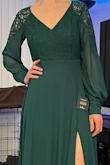 Needed to find a dress for a wedding, and I really love the dark green color, the lace detail on the sleeves and front part of the dress, the open back with the tie, and the slit which wasn't revealing much because of the length of the dress. Luckily I had the right length of heels to go with the dress too. And it's really comfortable to wear. - Lauren H.