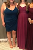 Very stretchy material despite it being body con. The way it falls in the front is very flattering. I wish the straps were adjustable but other than that it was perfect for a summer wedding guest dress! - Kasey P.