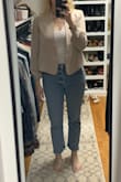 I bought this to wear as a blazer/coat for work but it's also casual enough to wear outside of work with denim. It has a purplish hue to it but still works perfectly as a tan color. Love that it's a little cropped and my regular size small fits perfectly! - Kristen M.