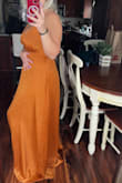 This dress would be perfect for weddings or any fun formal event. Perfect amount of flow on the bottom, but short enough so it fits me with short heels with no altering. It has more stretch than I envisioned so it fits perfectly! Lots of room up top for cleavage, but if you have bigger boobs there is no hiding them.
(Usually an 8/10 in pants!) - Willa L.