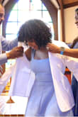 I'm a pear-shaped girl and got this for my white coat ceremony. It fit like a glove and a regular bra works. Has some stretch and is very comfortable overall. I loved this dress! - Saya M.