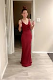 I love this dress! I've never ordered from Lulus before, but I took a chance based on the amount of great reviews, and I'm glad I did! I usually wear an XS, but I sized down to a XXS due to other reviews recommending to do so. The XXS fits perfectly for me. In this picture, I'm wearing 4" heels, so if you're also 5'3" like me, you'll need to remove a few inches off the length of the dress. The straps are adjustable though which is really helpful, the color is a beautiful deep red, and the material is thick and stretchy. I highly recommend this dress! - Larissa C.