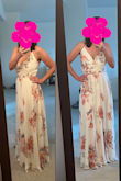 Bought this to wear as a maid-of-honor.  I was hesitant about ordering a small, but a medium would have been too big.  It's long, but should be fine with heels.  And has decent coverage without having to wear a bra.  It's a bit forgiving, and quite flattering. I'm pleasantly surprised with the quality.  Very pretty dress. - Marisa C.
