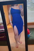 This dress is comfortable & stretchy. I love the angles on the top & bottom with the slit. I have a smaller bust for size large & it doesn't gap with the fabric for me with the straps tightened. I love it! - Megan C.