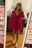 This dress is more magenta and less hot pink than I originally thought, but I think the color is perfect. I am 5'8 and it fits a little short but still long enough to wear. - Kate S.