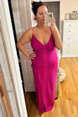 Definitely not as bright as the photo but still a super pretty color. Clings to the body but looks good and feels good not too hot for a summer wedding or anything. Wish the bust had more support because I don't want to wear a bra. For reference, I'm a L-XL in tops and XL / 0x / 14 in bottoms and I got the XL - Sental D.