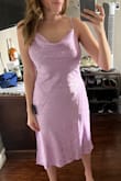 Fit finder suggested size S for me but when I tried it on it was a little too big and the cowl neck had way too much material. Unfortunately when I went back to order XS in the pretty blue color, it had sold out. I ended up getting the lavender (looks pink in person) in XS and the fit is perfect. I plan to wear this dress to a beach wedding. - Olivia S.