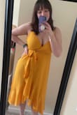 Love the yellow color and the hems. Really free-flowing and loose. The belt is super long so it wraps well and is easily adjusted. I wore it with a bra because I thought the straps didn't show too much and I liked the look of the top better with a bra. - Madeline B.