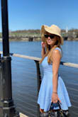 This is such a darling little dress!  The material has a feeling of very good quality.  I absolutely love the color!  The perfect little dress for a beautiful spring day!  I purchased the XXS and I am 5'0, 93 lbs. - Sherriel M.