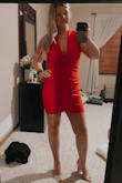 I really did like this dress but unfortunately returned it because it had a hole in the seam. It was very sassy and made me feel confident after having a baby three months prior and needing a night out :) Stretchy material and the design "bunches" around the tummy area so it's forgiving. I feel like I could have pulled off without a bra because the material was thick enough. I've ordered from Lulus several times before with good luck but unfortunately, my last two orders have either had a hole or broken zipper. - Kelsey Z.