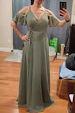 I ordered this dress as an option to wear for a wedding. It fit well and flattered my figure - highlighted my assets and didn't draw attention to my midsection unfavorably. It was well lined, airy and flowy, and had a sweet feminine vibe. I ended up returning it because I found a dress that worked better (and my husband is apparently not a fan of the open shoulders lol). I'm wearing modest heels in these pics (~1.5") and typically don't wear higher heels than that, so it would've needed hemming to work. - Austen S.