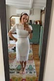 Really nice dress but I think I was just too short or petite for it. It was a little big on the shoulders and long on my torso. I sent it back. - Alexa D.