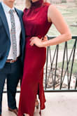 Perfect wedding guest dress! It's so comfy and has a great fit. (First picture has a filter on it. It's a very true burgundy color) - Grayson D.