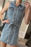 I'm obsessed with this trendy jean dress! SO CUTE!!! It does run a little short & (I have a long torso) I wish I would've gotten a medium but they were out of stock so I just kept the small and I plan on wearing shorts under it. - Cassandra R.