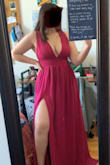 I loved the color of this dress and the fit was somewhat flattering. I found that if I just stood still it would make me look very wide. I sized down due to other reviews and got a small when I am usually a medium, and it was just an inch too tight. I'm not sure if the medium would have been too big but it seemed like it to me. Also, it makes your chest look very nice but you might need to check it all night while wearing this dress. - Sydney V.