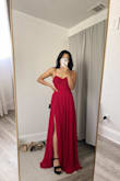 I bought this for a black-tie wedding that I am attending in June. They requested for guests to wear floor-length dresses and bow-ties so I thought this would be a classic and timeless silhouette/color to go with. I am still considering returning it because:
1. It is very long - idk if you can tell but I am wearing 5-inch height platform heels and there are still a lot of fabric. It is also weirdly long towards the front, and it causes me to trip.
2. Overall it feels larger than I thought! I am usually an XS at Lulus for dresses and the last dress I bought was a perfect fit all around. But for this dress, the bust part and waist section is a bit loose for me. I don't have a lot bust-wise so if you are part of the IBTC -- I would suggest skipping this style. Not that big of a deal though
The pros for me are -- the color, is so beautiful and rich and it stands out but not too much. It's very forgiving, I feel like I can eat a lot and it won't show or bulge at all and it will still look flattering. - Isabel R.