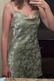 STUNNING DRESS! Cowl sits perfectly on my chest. The jacquard print adds visual intrigue that distracts from the typical satin wrinkles. It's a bit short, so more for a date than a special occasion like graduation, but so beautiful. - Evelyn S.