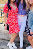 I absolutely love this dress! It's the perfect spring/summer dress and is so lightweight. The top is definitely low cut, but covers everything. I wore sticky boobs and didn't have any issues and honestly could've gone without a bra at all. I wore this out to a day at the track and it was perfect! The shoes I'm wearing are also Lulus :) - Leah R.