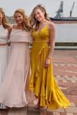 The most perfect dress for my best friends wedding. A good length with heels, can adjust the stomach/bust area by tightening or loosening the back straps. And the color is to die for! Must buy <3 - Caroline P.