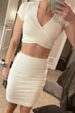 Love this because you can use it as a crop top, skirt or both!! Size is perfect, fabric is soft but unfortunately it's a little see through. I will for sure need nude or white bra/underwear/shorts. (not sure if this is true with other colors) Otherwise it's great! - Cassandra R.