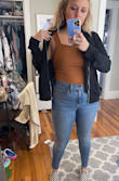 This jacket is so cute. It's light and goes well with anything underneath. The only issue is it came with some frayed threads right out of the package but I didn't want to return it because I love it! - Erin O.