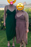 Really love the green color. I like that it's a nice length (because I am tall so dresses can be too short) and has a slit for some sauciness. The slit goes pretty high so just be aware when you sit. 

We didn't plan it (because we didn't know each other before the wedding) but another guest showed up in the same dress! I like how it looks great on different body types. - Christina K.