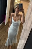 great material, very flattering. Not see through at all! It was a little large but I've waited forever for it to get restocked in my size so I will be taking it to get altered. It's perfect for my engagement photos on the beach. - Courtney M.