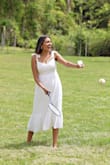 Wore this for my kid's birthday party. Its true to size and fits great. I love the cute shoulder detail with the ties. It didn't come off, even while holding a restless toddler. Love the sweetheart neckline and the texture of the dress! - Ruth L.
