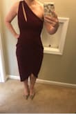 This dress is beautiful. Fabric is heavy enough to feel substantial but not suffocating. The color burgundy is classy but still has a pow effect. Was a little concerned about the slit revealing too much while walking or dancing but a stitch or two solved that problem. Hubs is happy too. - Sonia R.