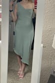LOVE this dress! The color, the fit, the material, everything! SO comfortable. Love that 2022-minimalistic look, but the asymmetric designs ups that just enough. I was surprised I like the neckline and straps as much as I did. Oh, and the slit is GORGEOUS. Shoes are Lulus (ofc!) - Ana K.