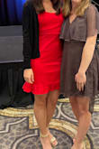 I am usually a medium but this dress was for a more professional event so I ordered a large to get some extra length and room, and I'm so glad I did! It is made from a super comfy material and I felt comfortable wearing it for hours. The chest had a little bit of extra room since I sized up but it was still fine! - Kalie L.