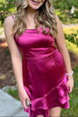 Daughter wore this for a semi-formal dance. It was lined and an appropriate length- not too short. The magenta color is even more beautiful in person. Satin material reflects the light. Truly an eye catching dress. - Amy E.