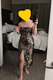 Wore this to a wedding, got tons of compliments. It was fun and fit pretty well - the top was a little loose but I am pear shaped and have a small bust so it was to be expected - tiny bit tight when I sat down around the hips, the fabric isn't stretchy but with the slit it was totally fine. 

I'm on the border of sm/med so I ordered small and it worked great. Medium would have been way too large.

The fabric is thinner than expected and it snagged easy on my ring, but seems like the type of things I can trim back and not notice at all. It is also a woven fabric so I see some of the seams are starting to fray after one wear which is annoying and makes me nervous. Otherwise it's a super beautiful dress and I felt great in it - just hoping it will make it through a few more weddings! - Mary A.