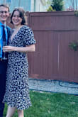 This dress is SO cute, but VERY tight in the cinched area by the bust and after wearing it for a bit/eating, it feels so tight. I know if I went up a size it may not fit well in other areas, so it's definitely the material. I felt super cute in it but was just sooooo uncomfortable all night. - Susanna K.