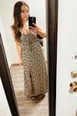 LOVE this dress. Great quality. Perfect thickness of material to smooth out but still light and breathable. Adjustable straps supportive enough to make this almost 30 year old mom of 3 feel confident without a bra. Hugs curves in all the right spots. If you're like me and self conscious about body (my case postpartum body) the floral print camouflages, everything looks smooth. I thought it would be too form fitting for my body but it was very flattering. I'd buy this dress over and over again. I'm 5'4 and 123lbs, wear XS-S tops and S-M bottoms. I went with an XS and it couldn't have fit more perfectly. I wore 3in heels to bring it off the floor. - Brittany H.
