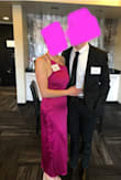 I wore this for a charity gala and got so many compliments. The color is not quite as bright as pictured but is still a really pretty pop of color! The material is really nice exactly what I expected. The length was probably a little bit long for me at 5'4" but hit just above the ankle. - Danika S.