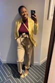 Love these pants! They do wrinkly fairly easily but iron easily. They were a little long on me and bunches weird so I did I double cuff and it changed the look to work with my style. They are comfortable and really can be dressed up or down ! Great quality material. 
If ordered again I would order the XS instead of small. - Makeda W.