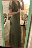 Planning to wear to a summer wedding. It's very lightweight & flowy which will be good for warm weather, but the fabric is more casual than I was expecting (all rayon) so it doesn't look as fancy as the photos. Will need some ironing/steaming to get rid of wrinkles. But it's still nice for an outdoor wedding where I don't need to be too formal.

I'm 5'2 and will need to get it hemmed, even with heels. The v-neck is too low so I will sew it up a little, I'm pretty flat chested. (You can see I'm holding it closed in photo.) The tie closure is nice for adjusting the tightness however you need it. - Deanna Y.